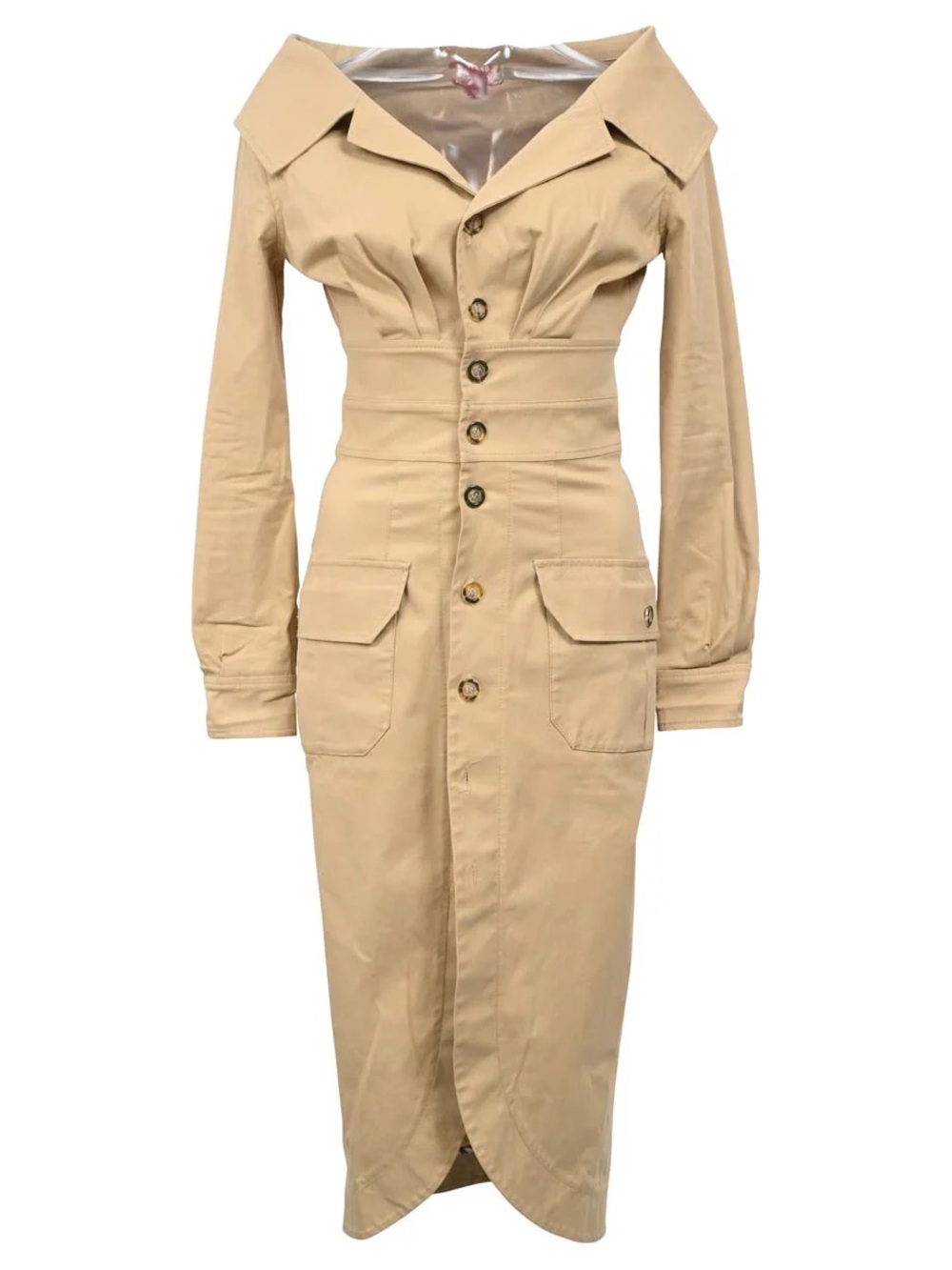 STAUD Beige Long-Sleeve Button-Front Midi Dress